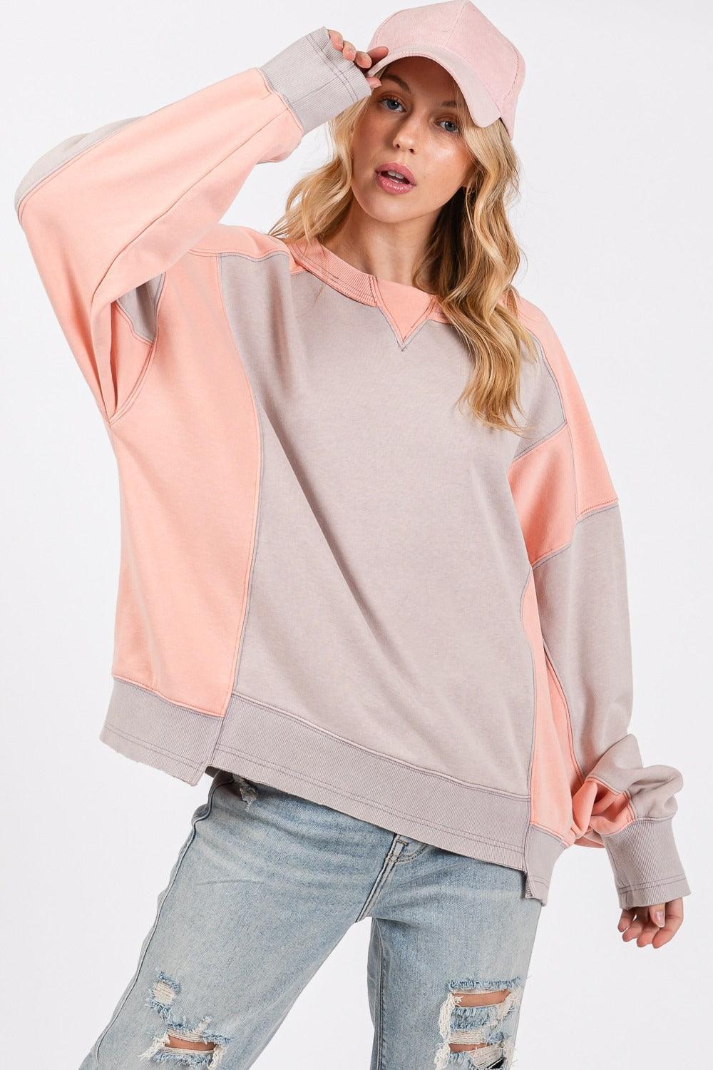 SAGE + FIG Color Block Round Neck Sweatshirt - DAVERRI FASHIONS