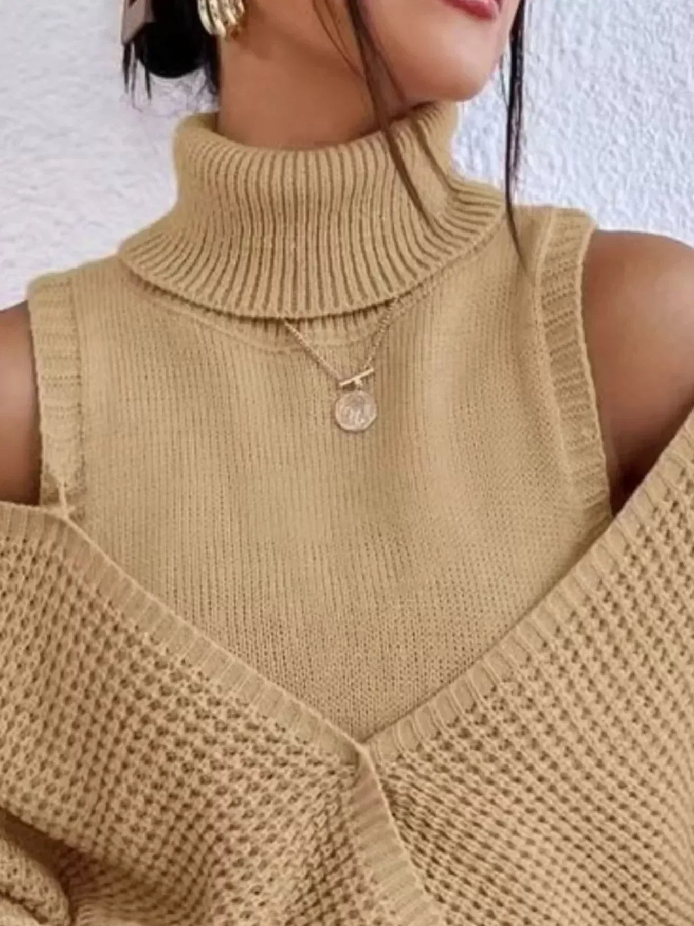 Waffle Knit Cold Shoulder Turtleneck Sweater - DAVERRI FASHIONS