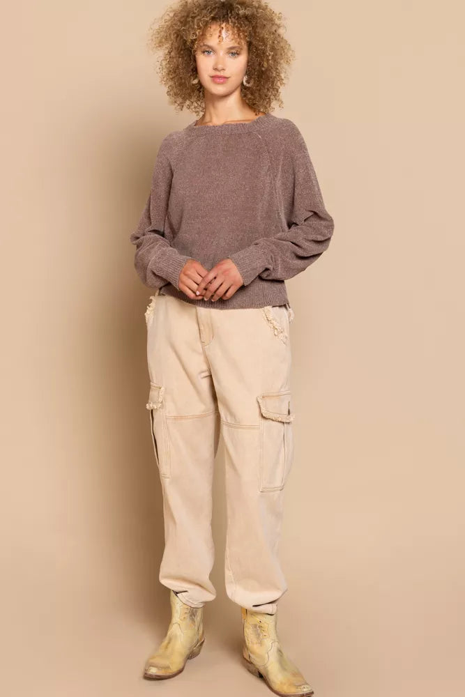 POL Round Neck Backless Sweater with Ribbed Edge | Sweaters Daverri Fashions