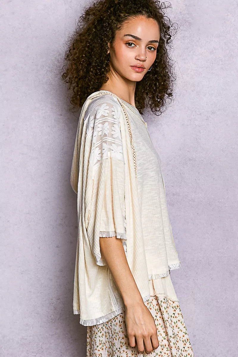 POL Short Sleeve Hoodie Top with lace detail, off-white blouse