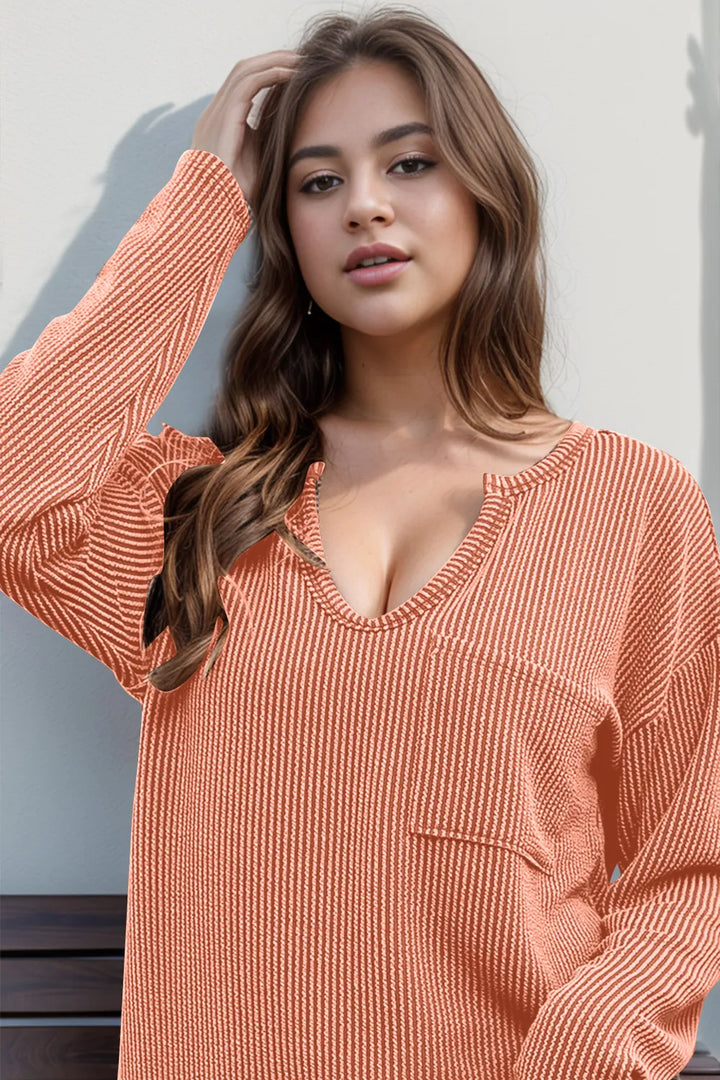 Double Take Striped Notched Long Sleeve T-Shirt | T-Shirts Daverri Fashions