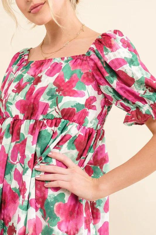 And The Why Smocked Floral Ruffle Short Sleeve Mini Dress - DAVERRI FASHIONS