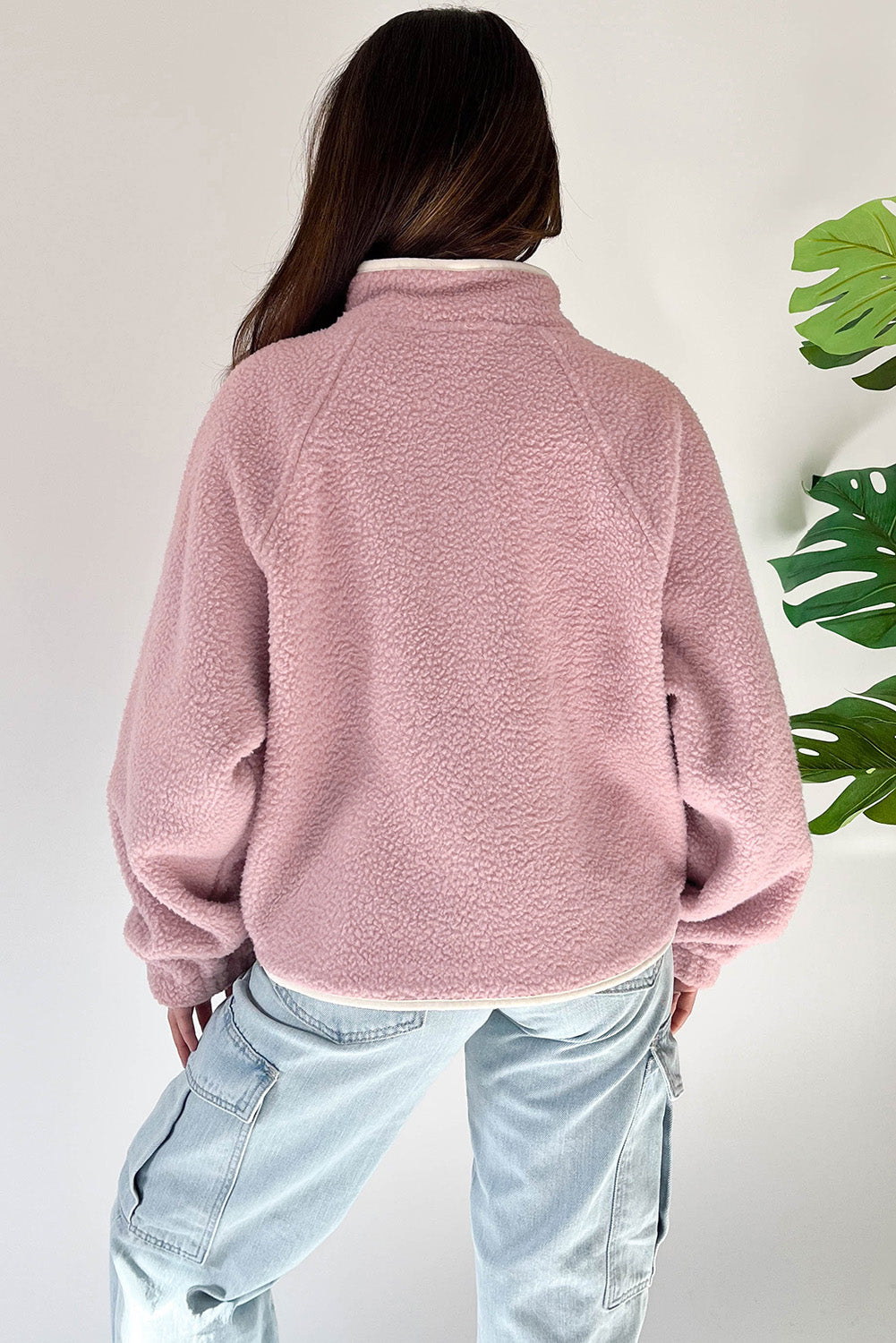 Fushia Stand Neck Half Button Zip Pocket Plush Sweatshirt | Sweatshirts Daverri Fashions