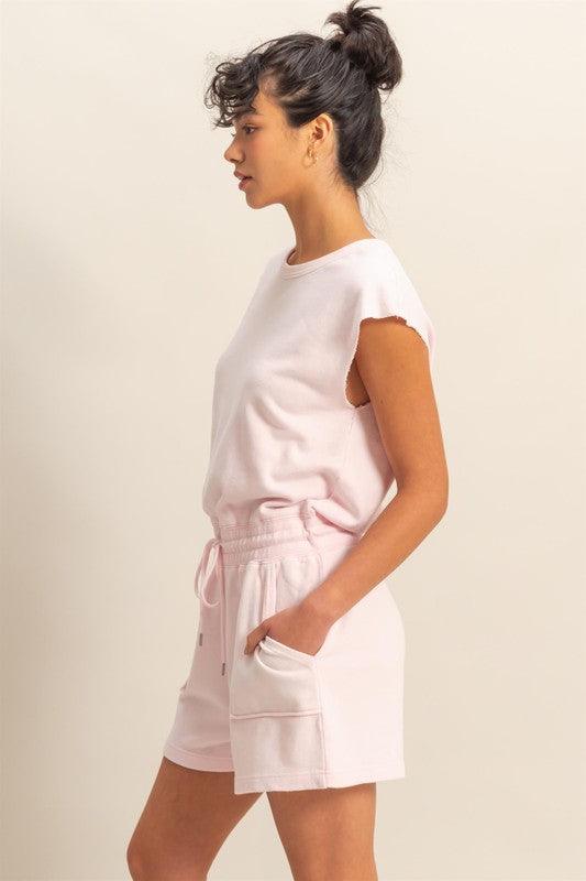 HYFVE Round Neck Cap Sleeve Drawstring Waist Romper Rompers