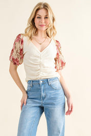 And The Why Full Size Floral Print Textured Sleeve Knit Top | Tops Daverri Fashions