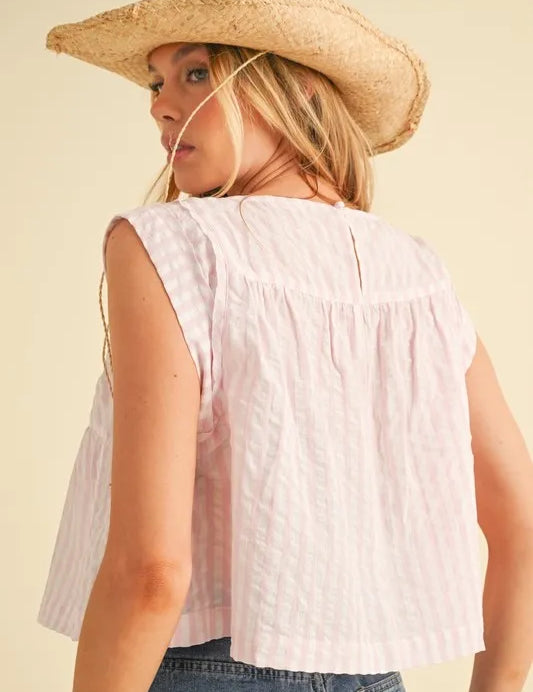 Aemi+Co Ruched Striped Round Neck Sleeveless Top | Tops Daverri Fashions