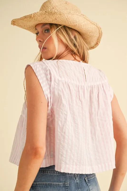 Aemi+Co Ruched Striped Round Neck Sleeveless Top Tops