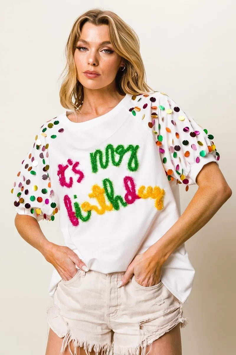 BiBi Metallic Letter Spangle Raglan Puff Sleeve Top Tops