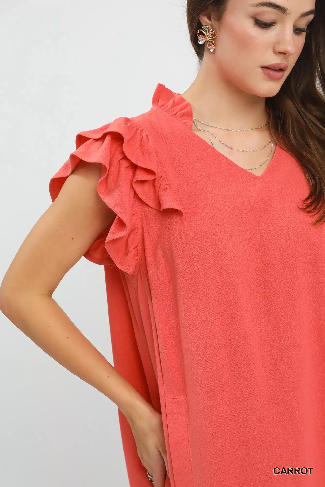 Umgee coral linen flutter sleeve shift dress with pockets, v-neck and ruffles
