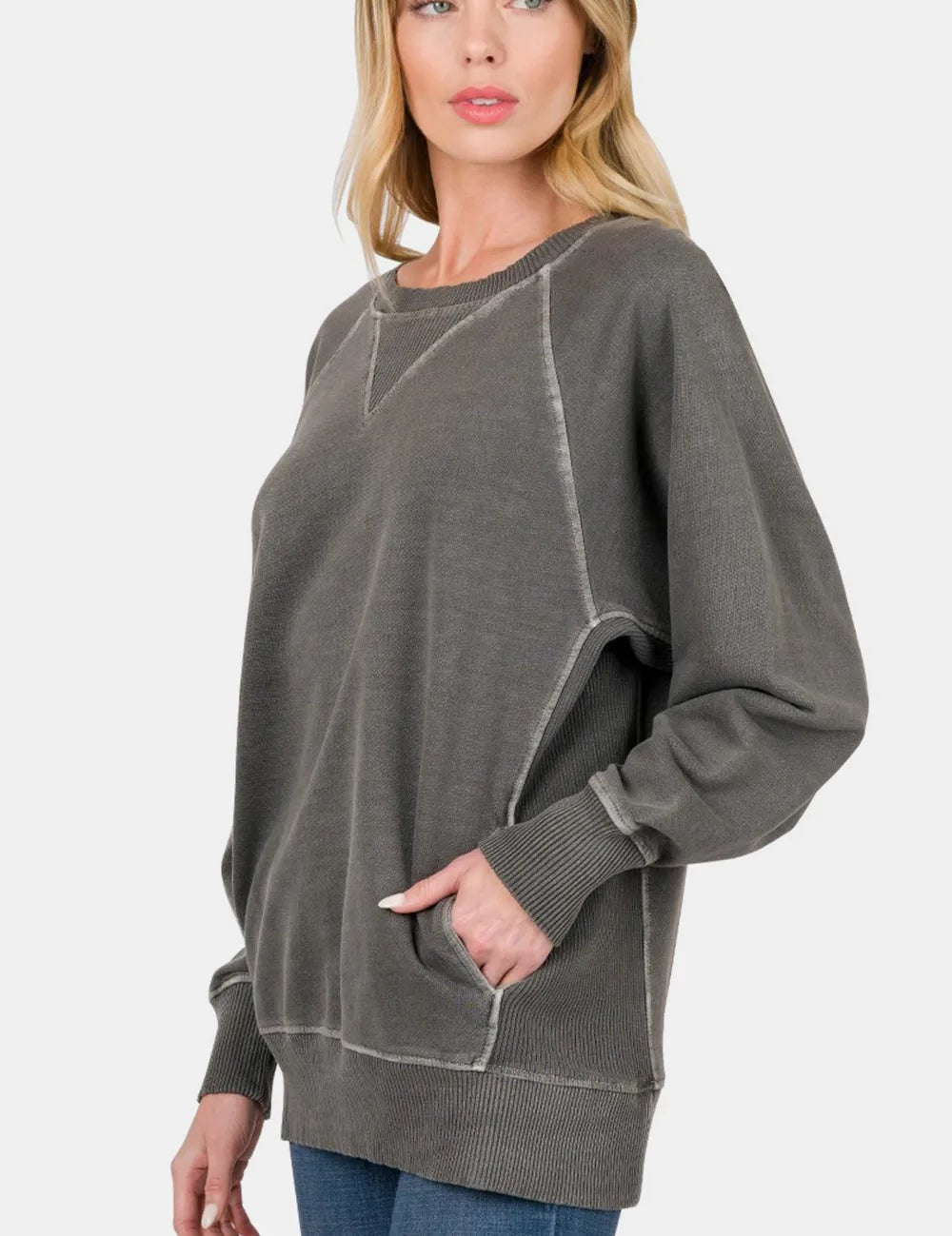 Black Zenana Round Neck Long Sleeve Sweatshirt | Daverri Fashions