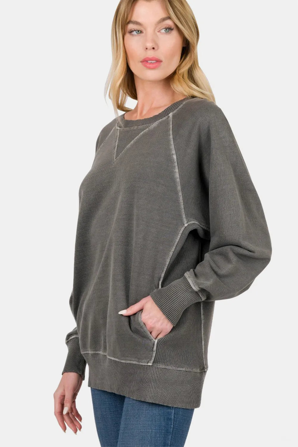 Black Zenana Round Neck Long Sleeve Sweatshirt | Daverri Fashions