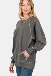 Black Zenana Round Neck Long Sleeve Sweatshirt | Daverri Fashions