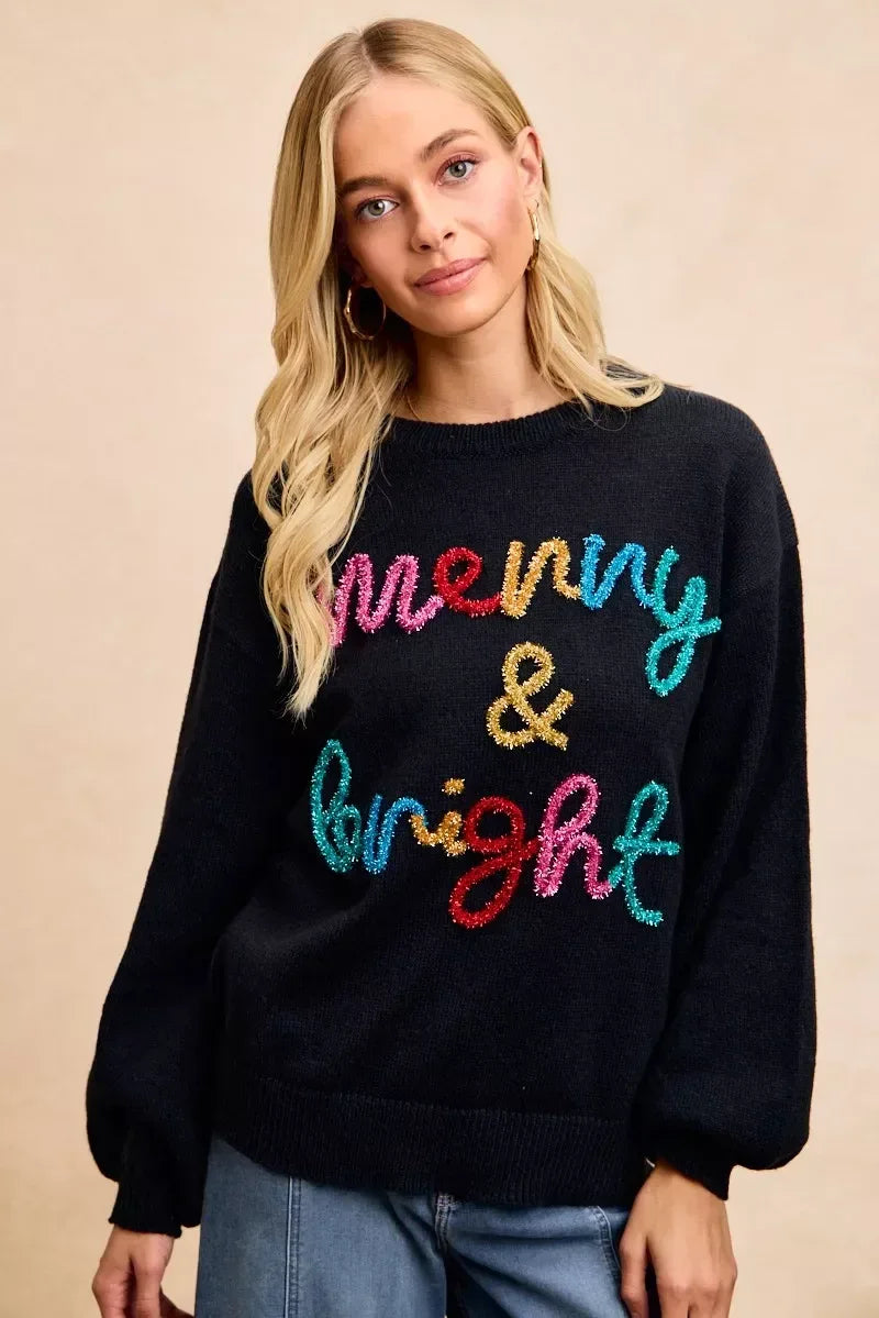 BiBi Tinsel Lettering Christmas Sweater - DAVERRI FASHIONS