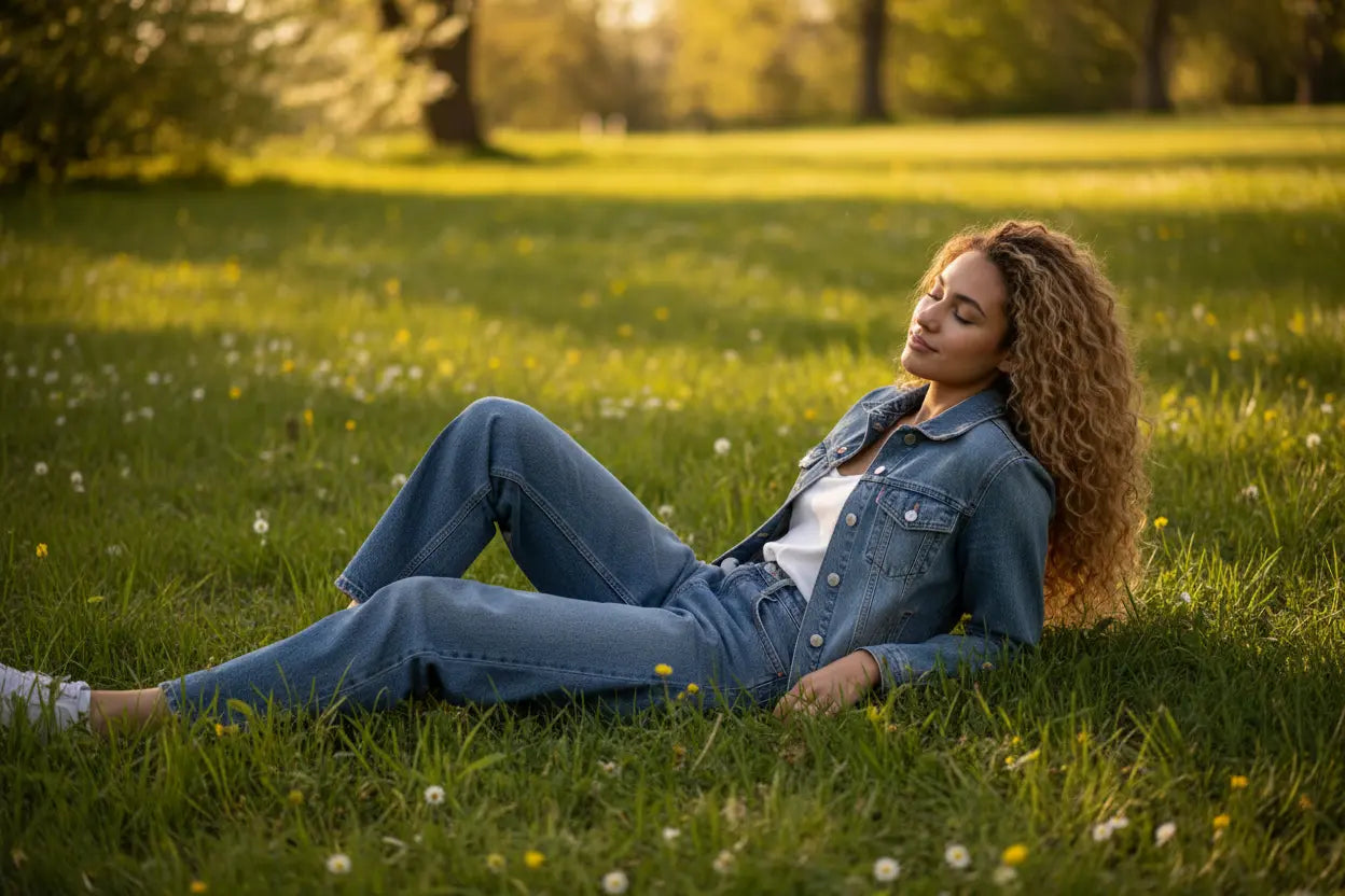Woman lying on grass in a park with trees and sunlight