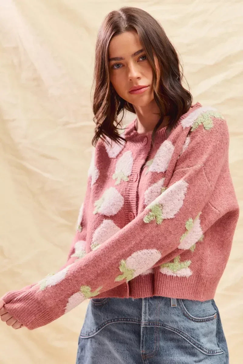 SO ME Strawberry Fruit All Over Button Sweater Cardigan - DAVERRI FASHIONS