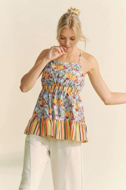 Davi & Dani floral smocked sleeveless ruffle top with spaghetti straps