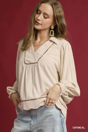 Umgee Full Size Linen Scallop Hem Blouse with Contrast Trim Plus Size | Daverri Fashions