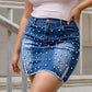 Plus size pearl embellished blue denim mini skirt with frayed hem