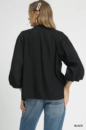 Umgee Textured V-Neck Blouse with Balloon Sleeves | Blouses Daverri Fashions