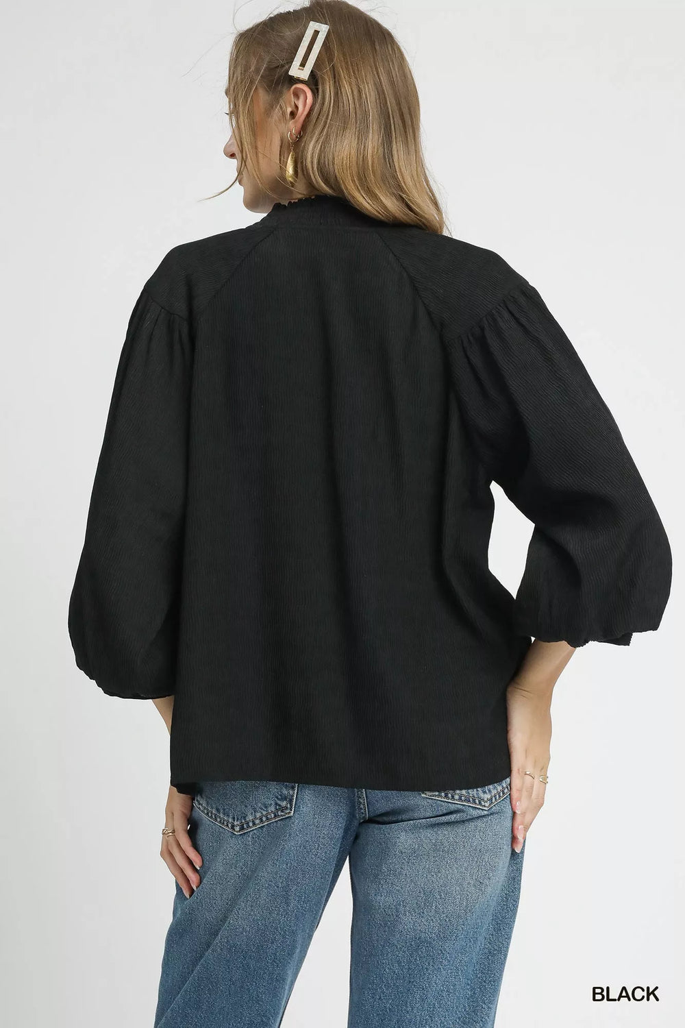 Umgee Textured V-Neck Blouse with Balloon Sleeves | Blouses Daverri Fashions