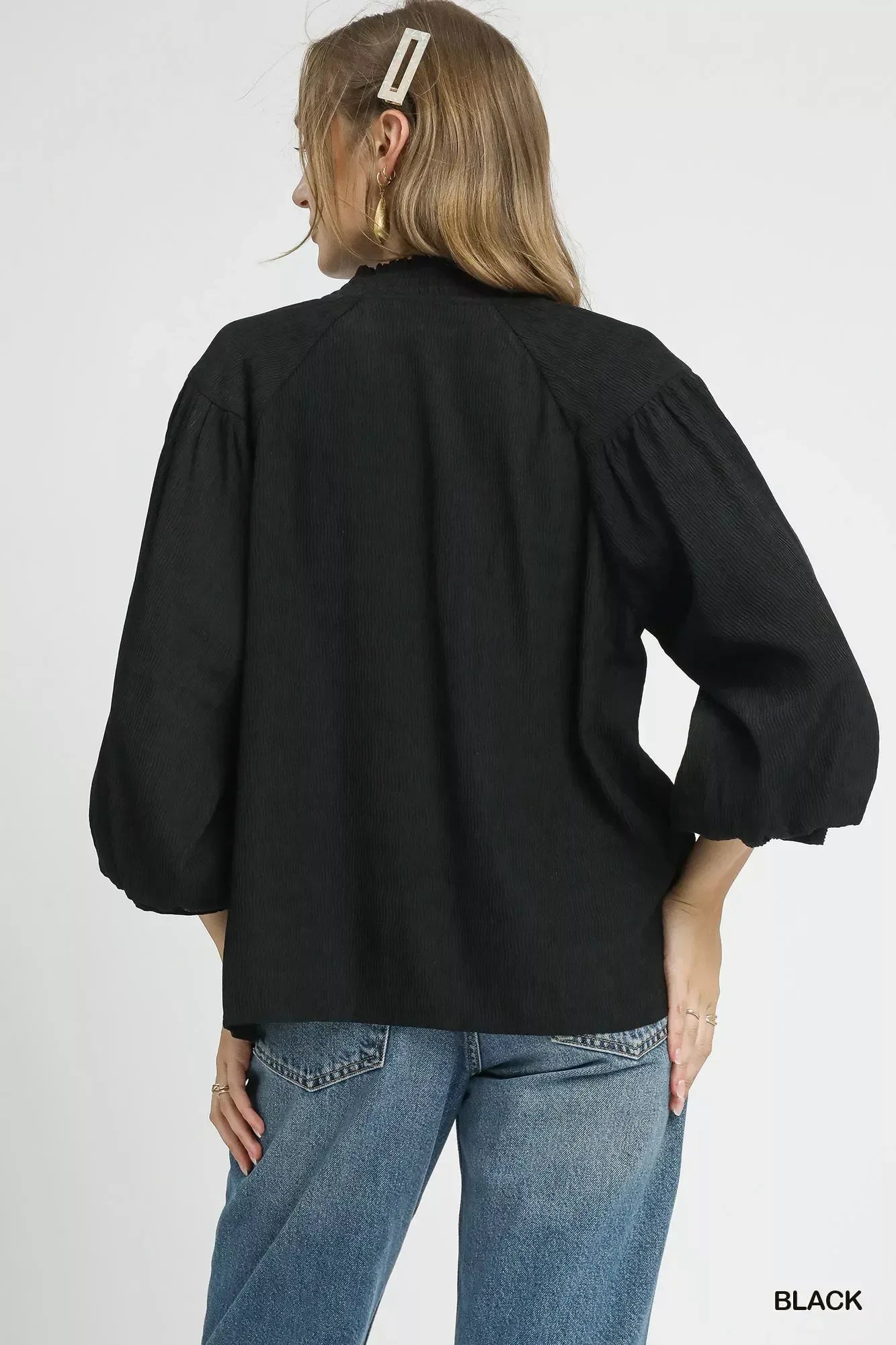 Umgee Textured V-Neck Blouse with Balloon Sleeves - DAVERRI FASHIONS