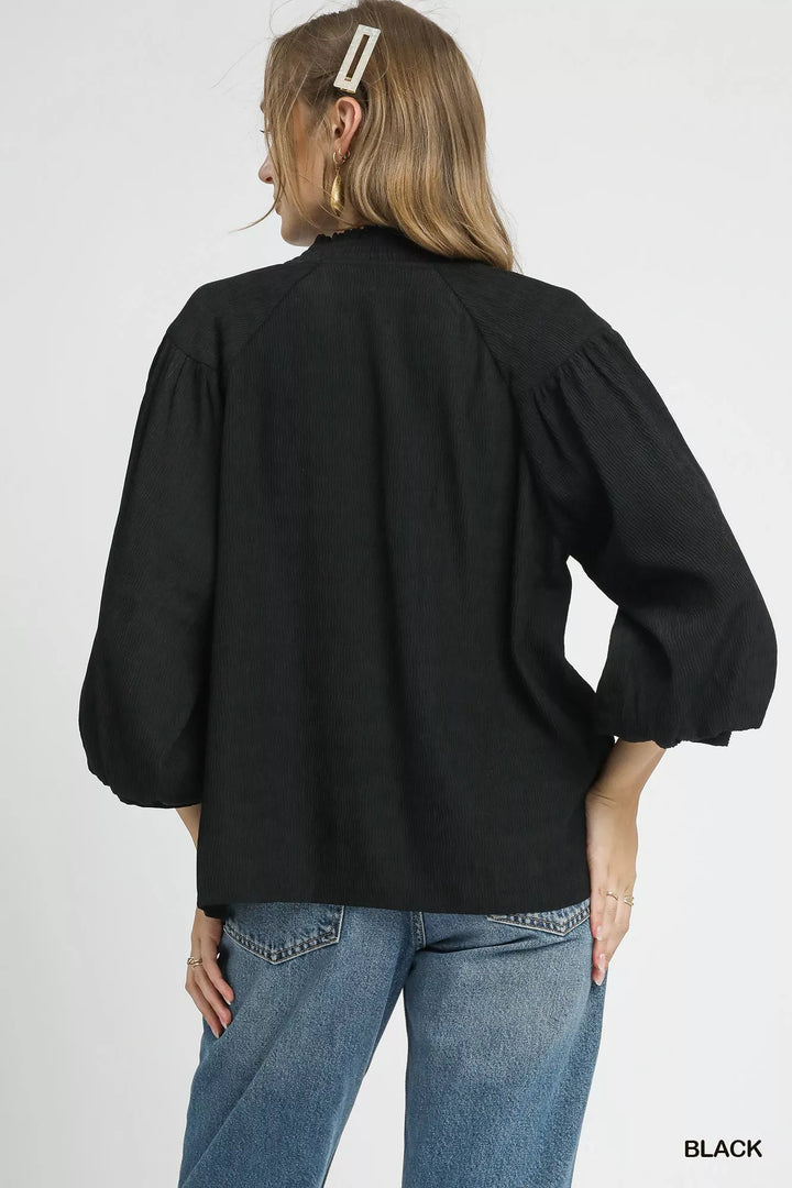 Umgee Textured V-Neck Blouse with Balloon Sleeves | Blouses Daverri Fashions