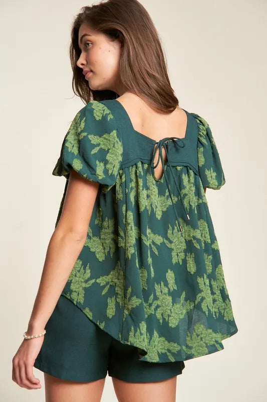 Davi & Dani Nature Printed Square Neck Puff Sleeve Blouse