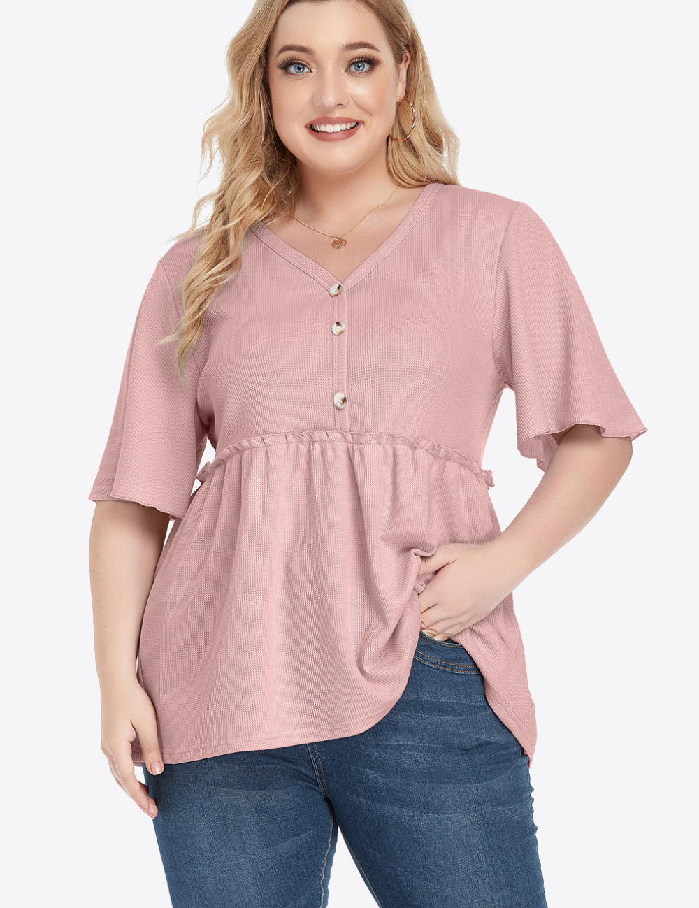 Plus size dusty pink V-neck babydoll blouse with ruffled button front