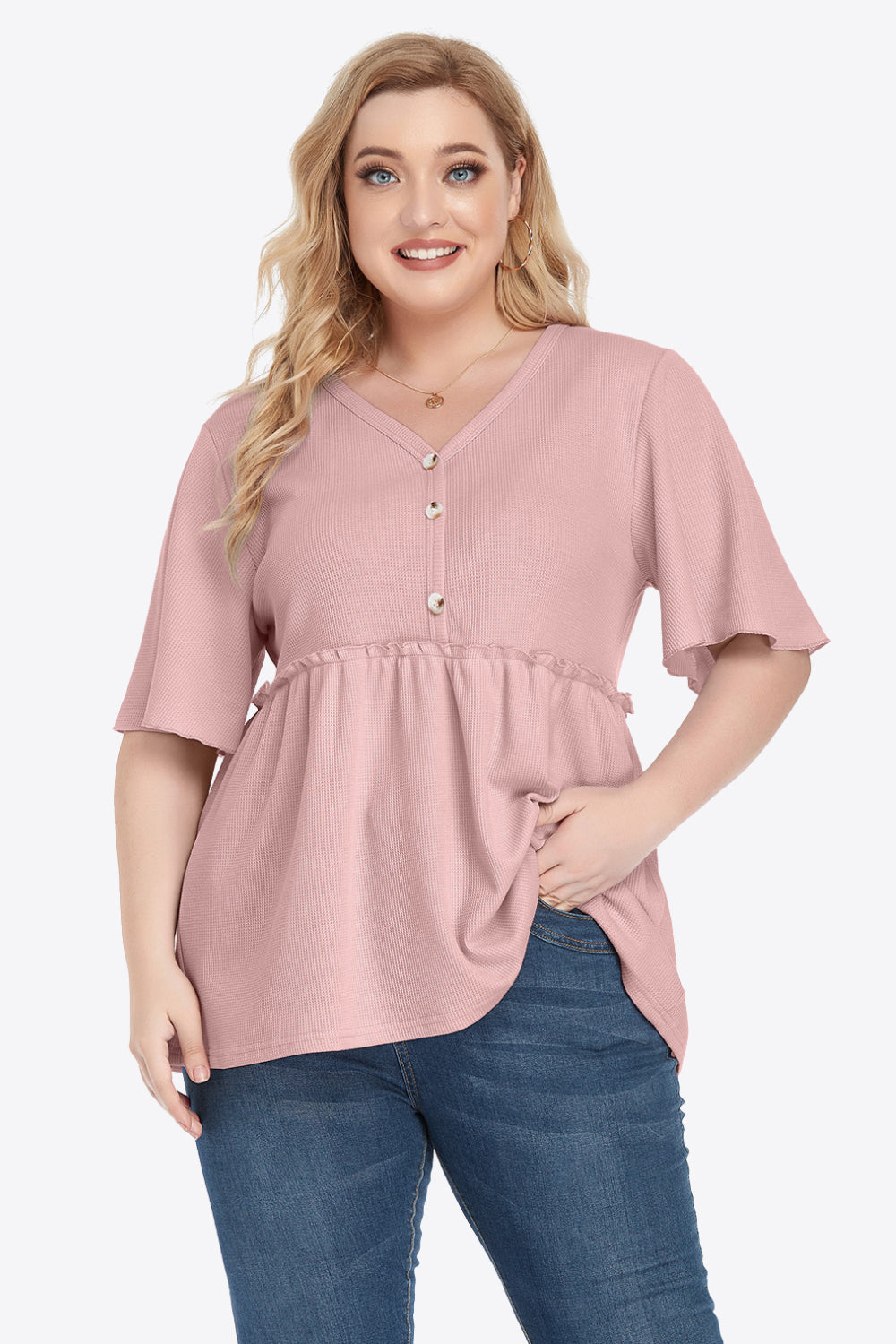 Plus size dusty pink V-neck babydoll blouse with ruffled button front