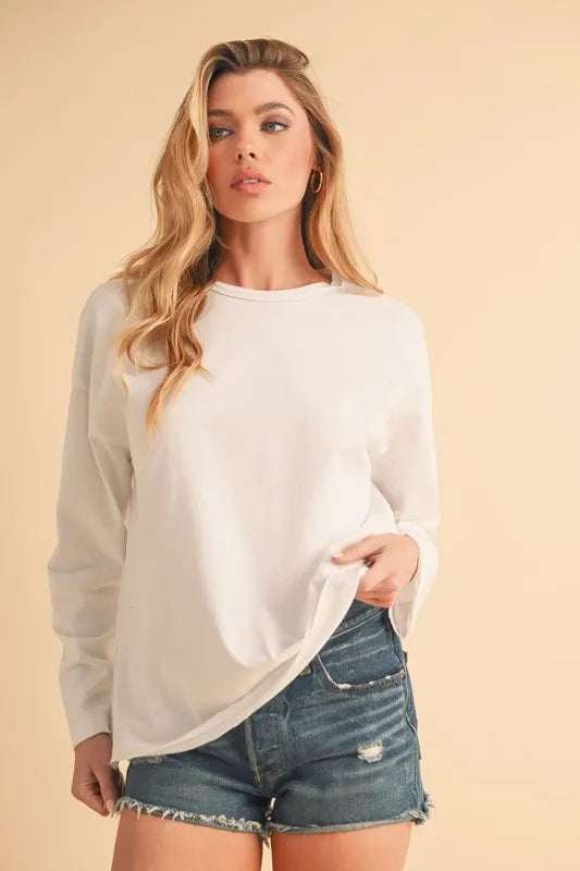Aemi+Co Round Neck Long Sleeve Top WHITE
