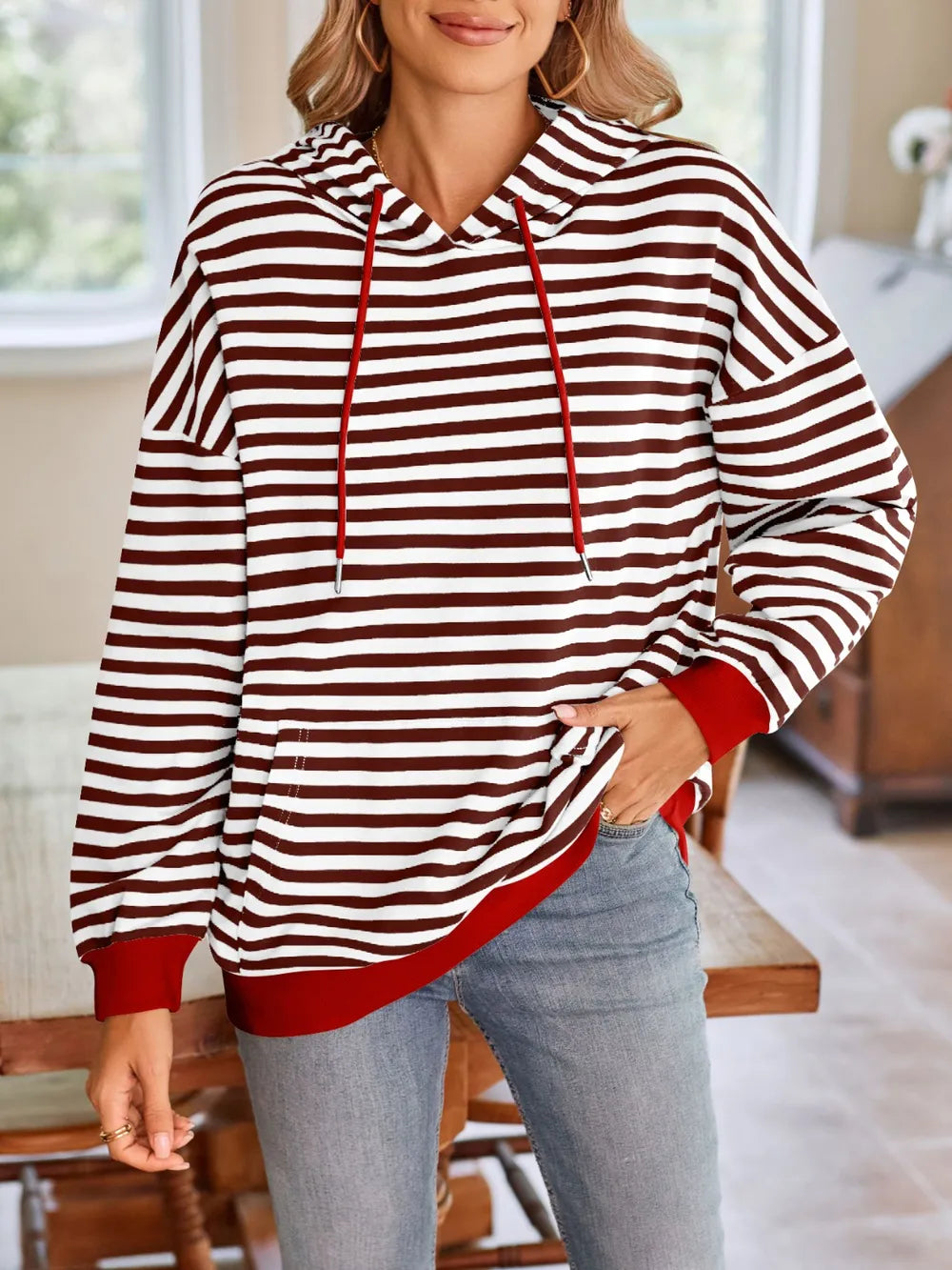 Lovelet Drawstring Striped Long Sleeve Hoodie | Hoodies Daverri Fashions