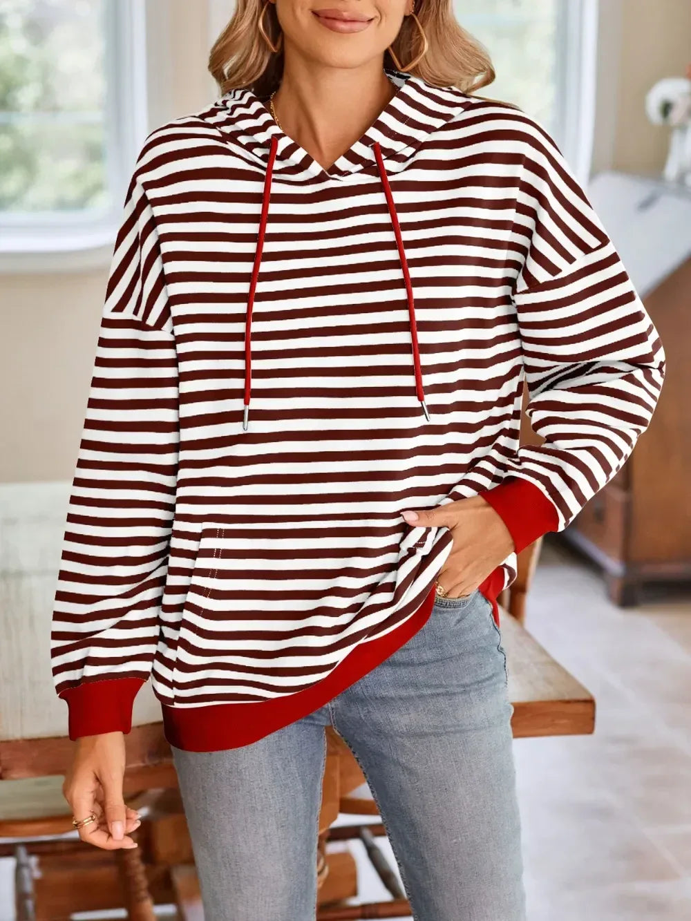 Lovelet Drawstring Striped Long Sleeve Hoodie - DAVERRI FASHIONS