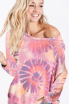BiBi tie-dye print terry T-shirt in pink, orange, purple, size S