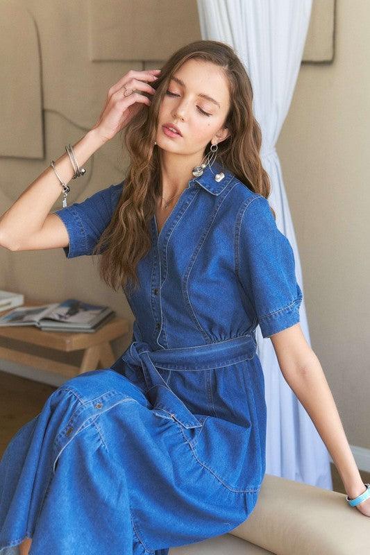 ADORA Tiered Button Down Tie Waist Short Sleeve Denim Dress - DAVERRI FASHIONS