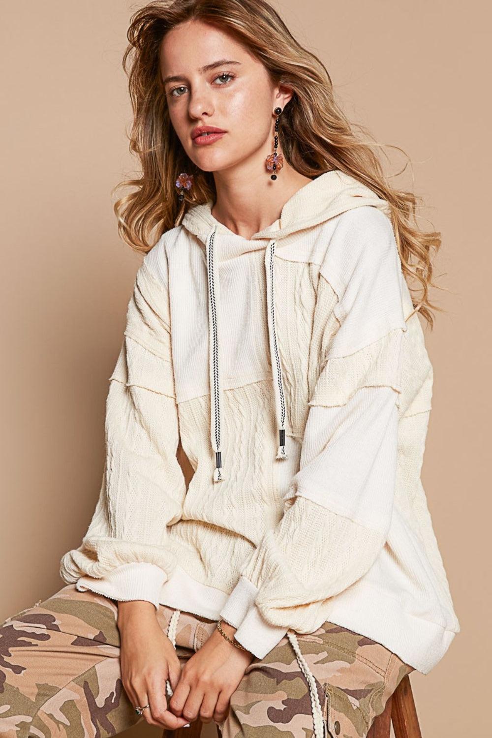 Hooded Knit Top with Exposed Seams Cream L Tops