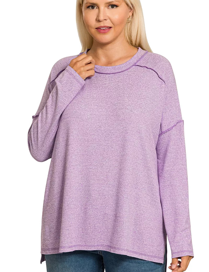 Zenana Full Size Melange Hacci Exposed Seam Hi-low Tee Plus Size | T-Shirts Daverri Fashions