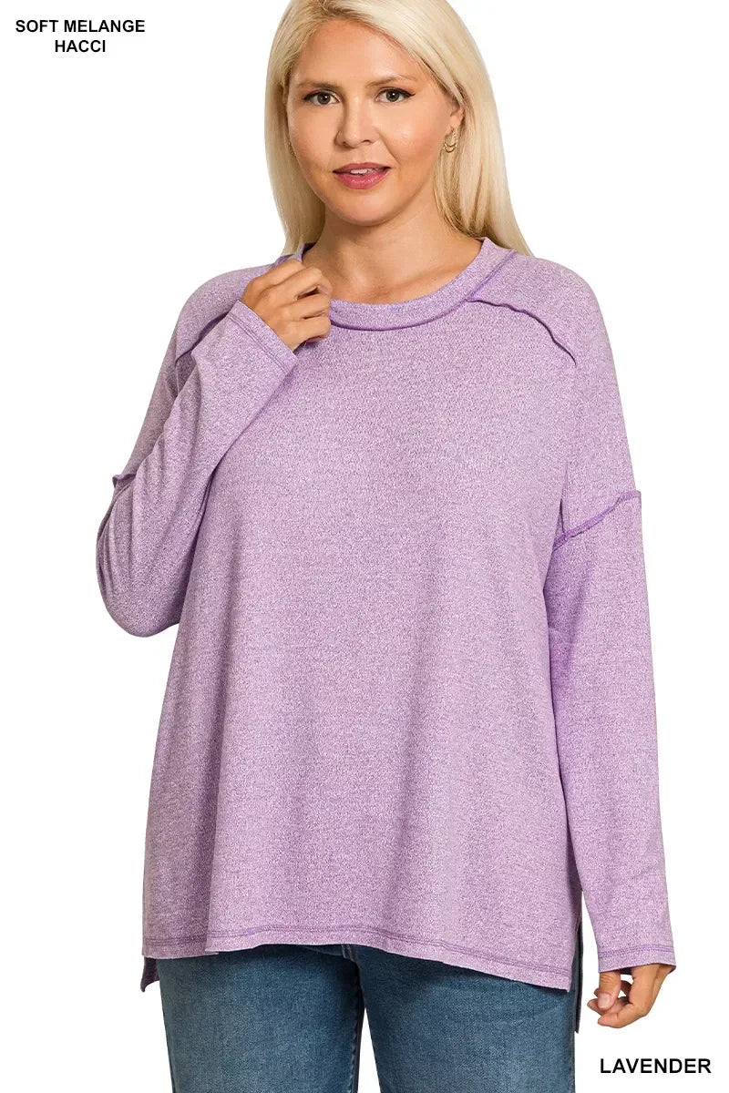 Zenana Full Size Melange Hacci Exposed Seam Hi-low Tee Plus Size - DAVERRI FASHIONS