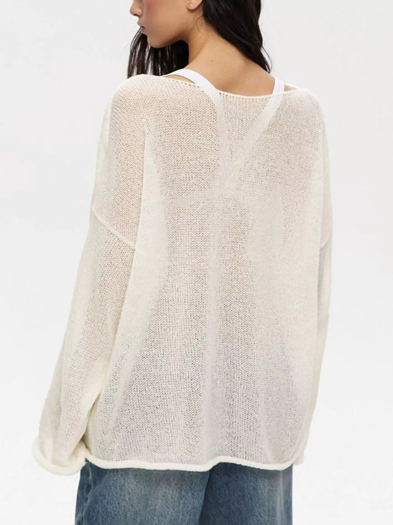 Boat neck dropped shoulder off-white knitted sweater with mesh texture