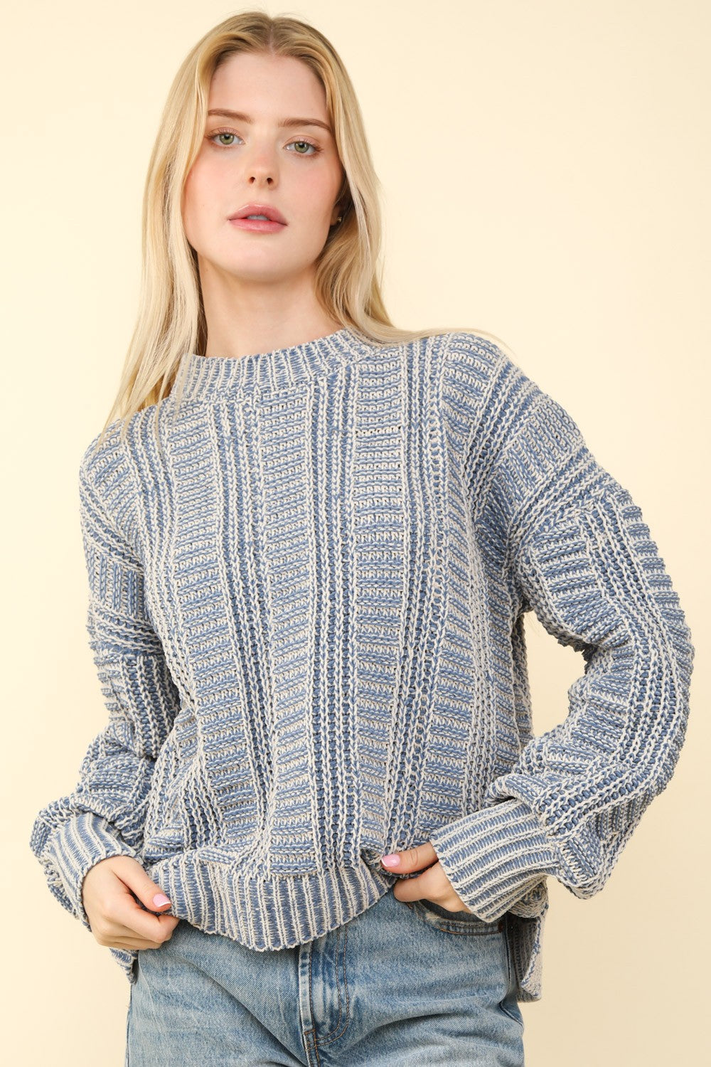 VERY J Two Tone Long Sleeve Sweater Tops