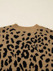 Ribbed Trim Round Neck Leopard Drop Shoulder Sweater | Sweaters Daverri Fashions