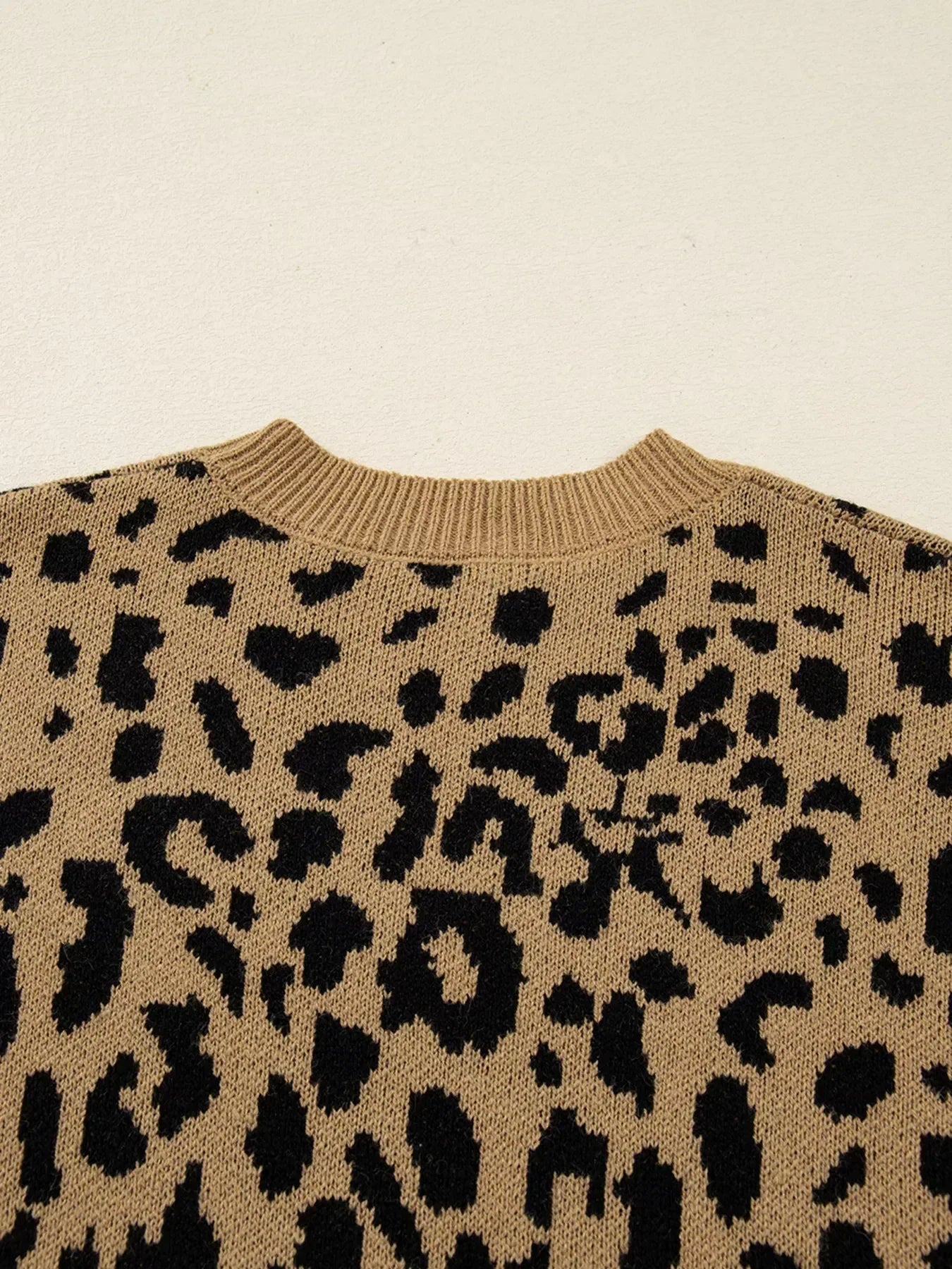 Ribbed Trim Round Neck Leopard Drop Shoulder Sweater - DAVERRI FASHIONS