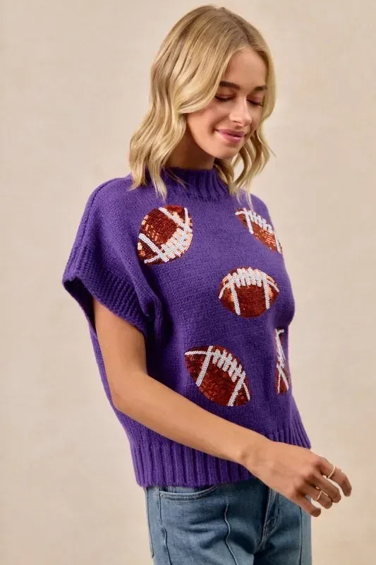 BiBi Gameday Sequin Football Patches Rib Banded Sweater - DAVERRI FASHIONS