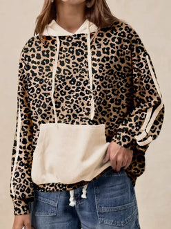 Leopard Print Long Sleeve Hoodie with Pocket - DAVERRI FASHIONS