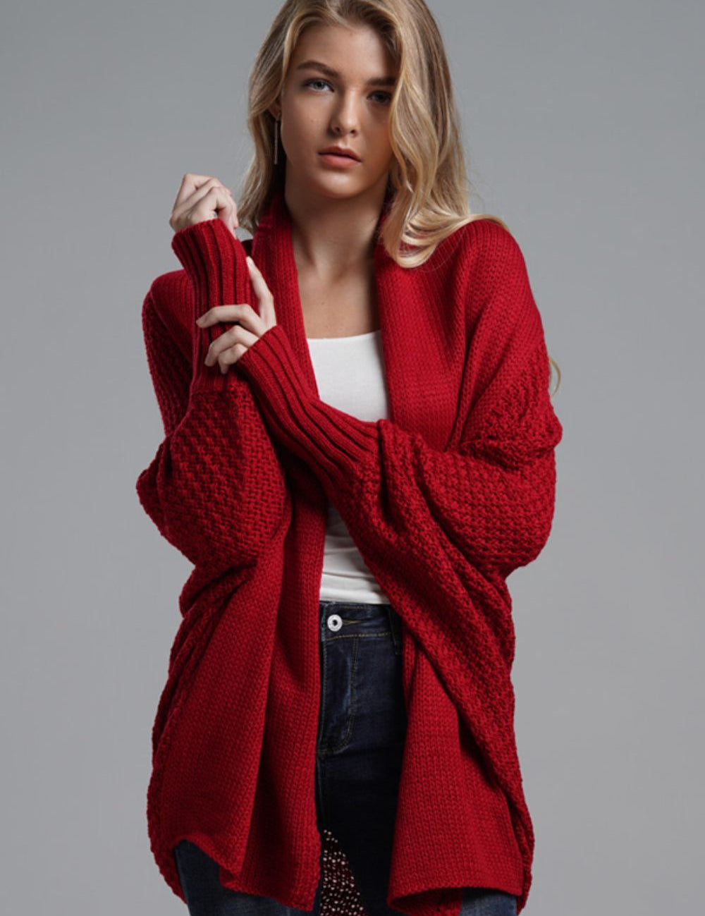 Wine One Size Dolman Sleeve Open Front Ribbed Trim Longline Cardigan | Cardigans Daverri Fashions