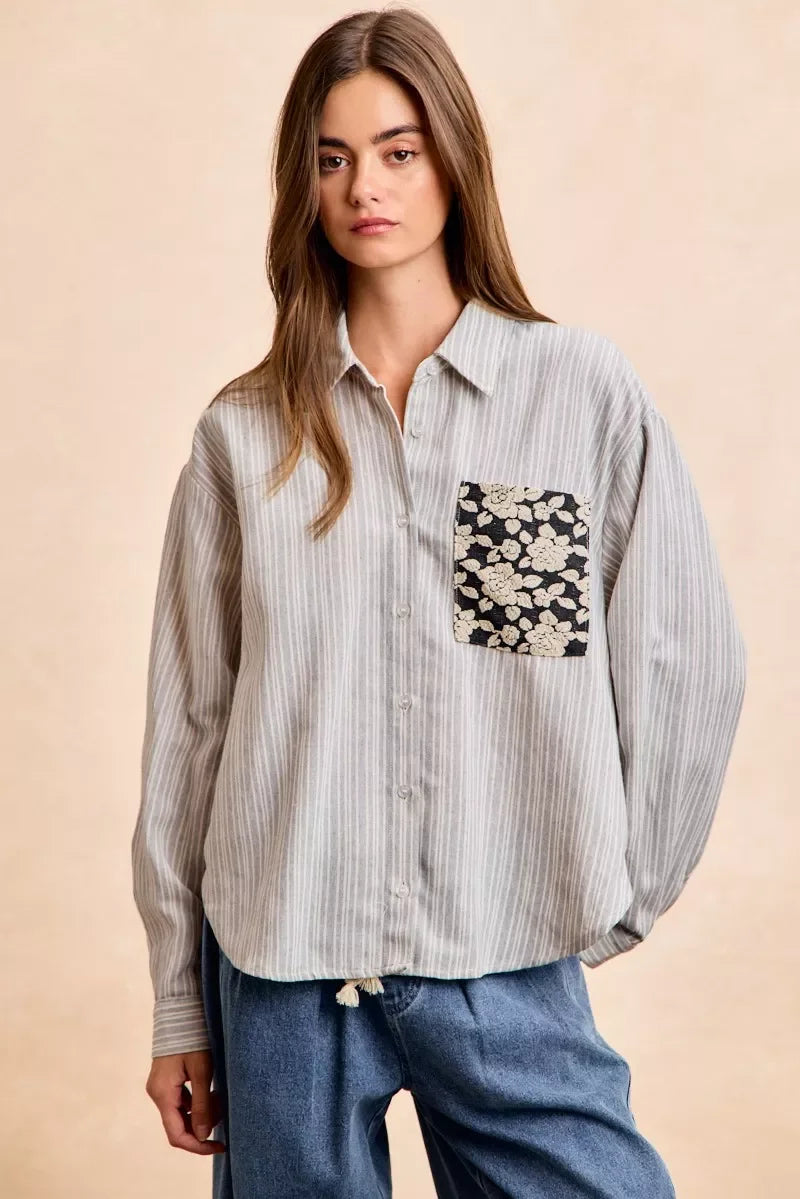 BiBi Flower Jacquard Knit Patch Pocket Stripe Shirt in gray-white stripes