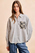 BiBi Flower Jacquard Knit Patch Pocket Stripe Shirt in gray-white stripes