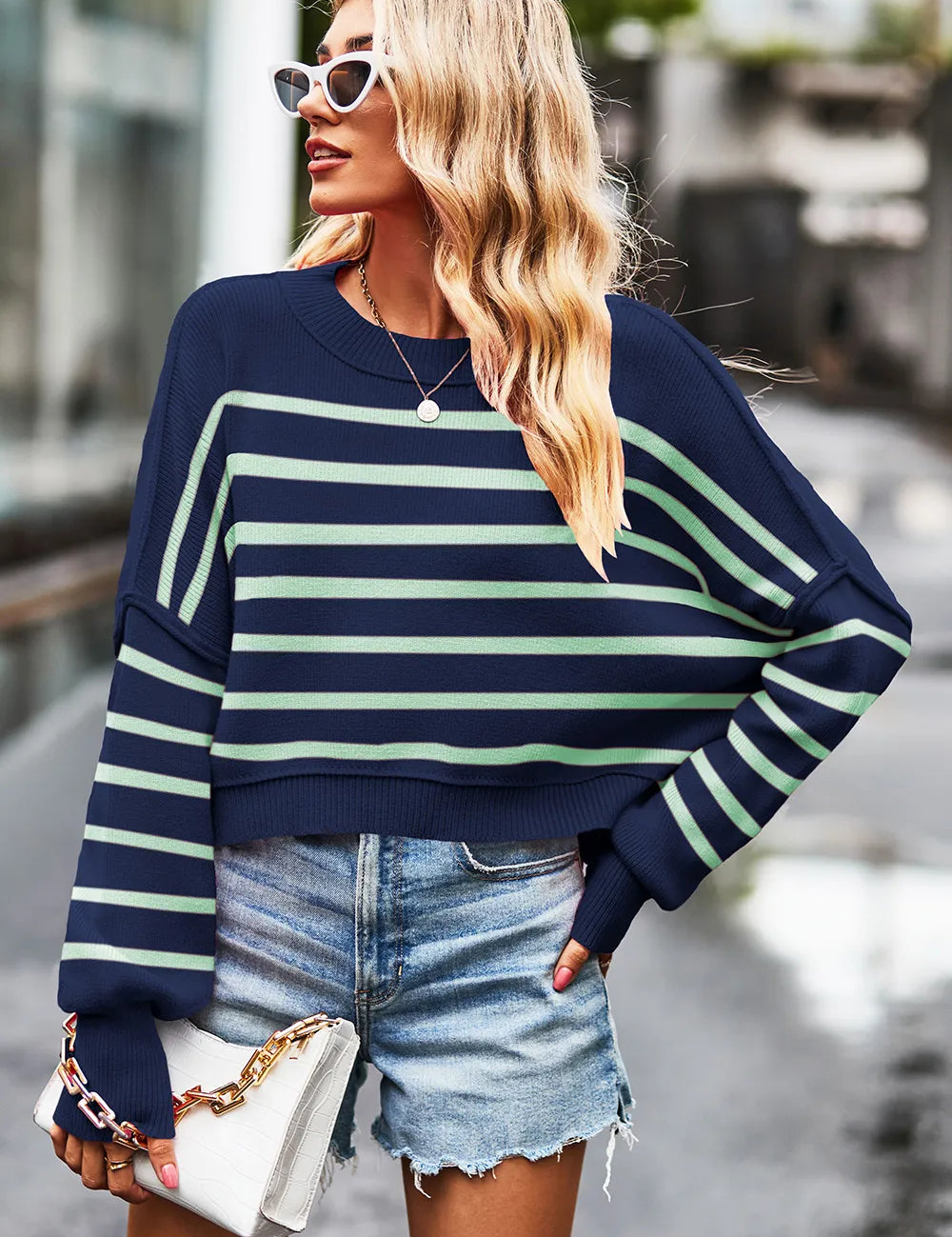 Dark Blue Striped Round Neck Drop Shoulder Slit Sweater | Sweaters Daverri Fashions