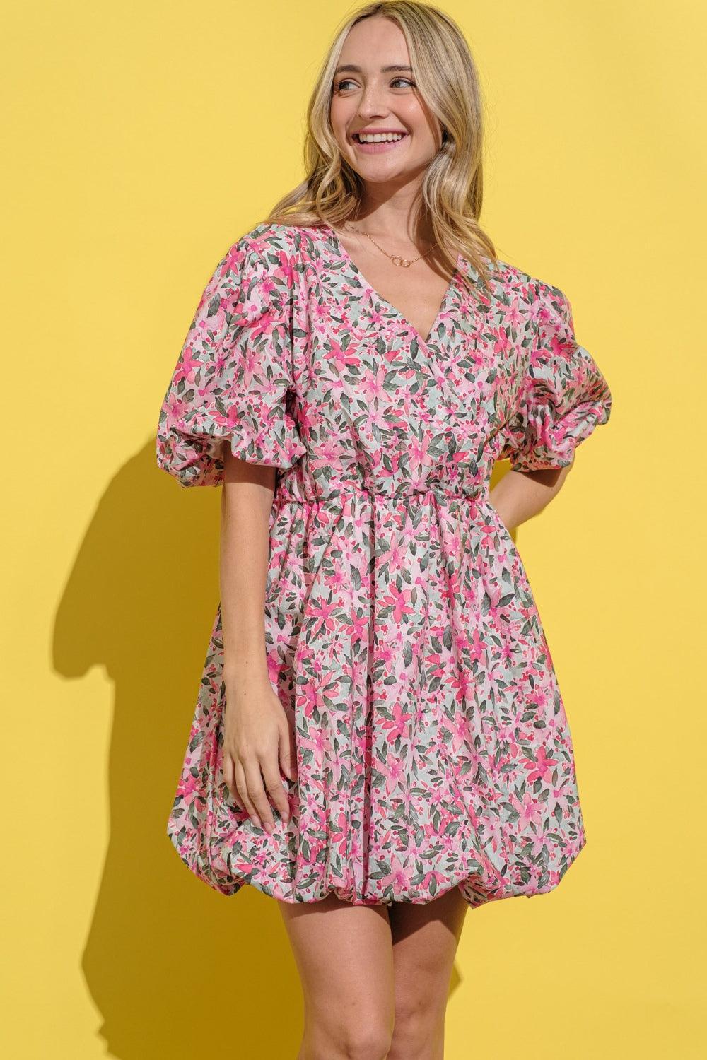 And The Why Full Size Floral Surplice Puff Sleeve Dress - DAVERRI FASHIONS