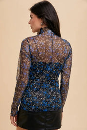 Annie Wear Floral Lettuce Hem Sheer Mesh Top | Tops Daverri Fashions