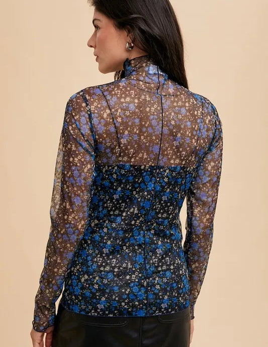 Annie Wear Floral Lettuce Hem Sheer Mesh Top | Tops Daverri Fashions